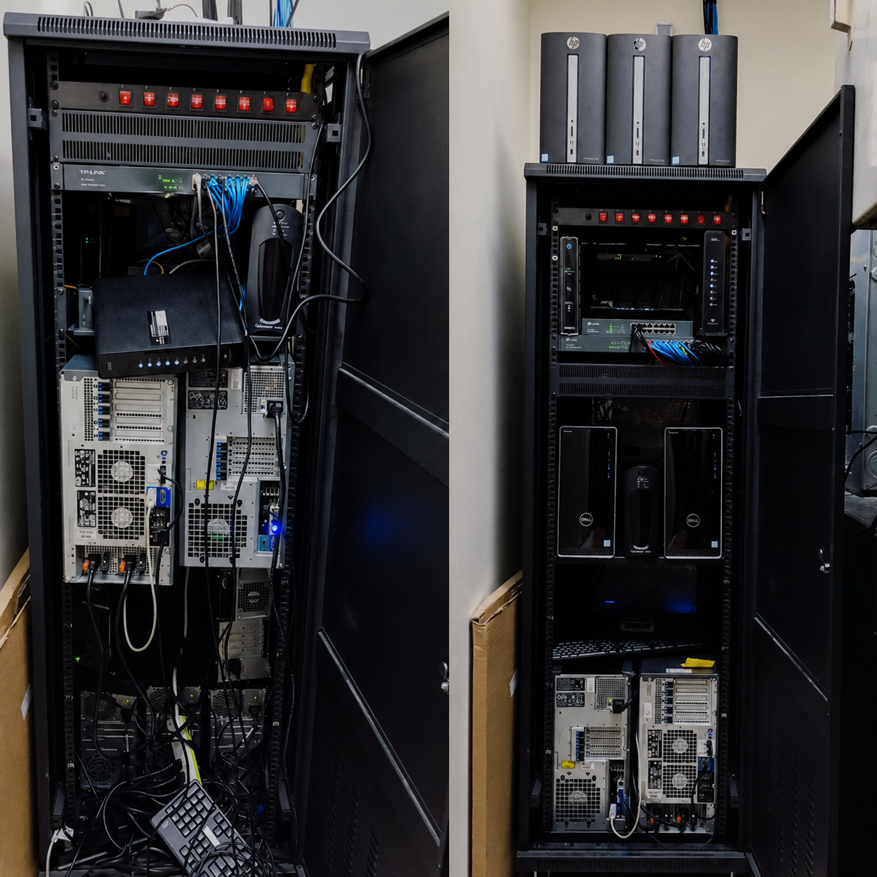 Pharmacy server rack, before and after rebuild
